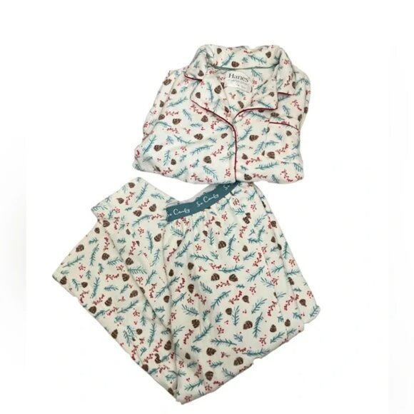 Hanes Comfort Sleep White Green Fleece Pinecone Winter Holiday Pajama Set - Picture 3 of 8